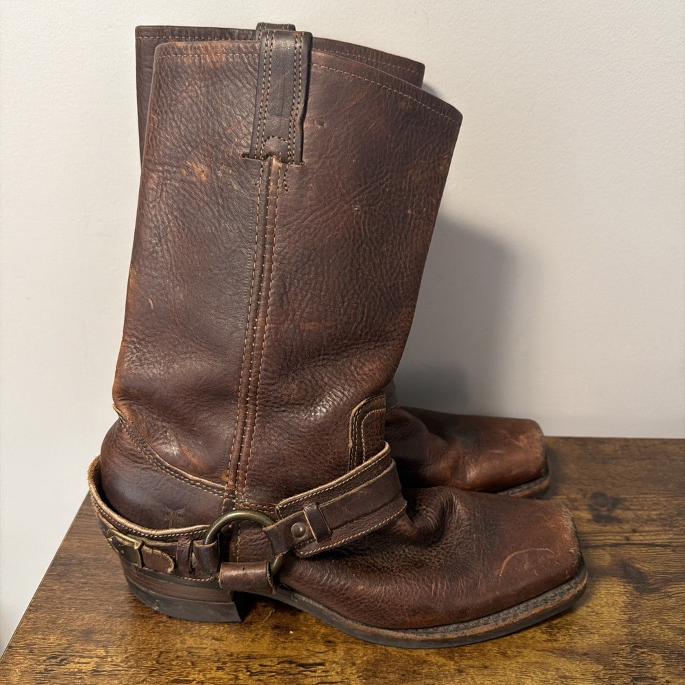 FRYE Brown Leather Belted Harness 12R Mid-Calf Boots, Square Toe Buckle, Sz 9M - Picture 3 of 10